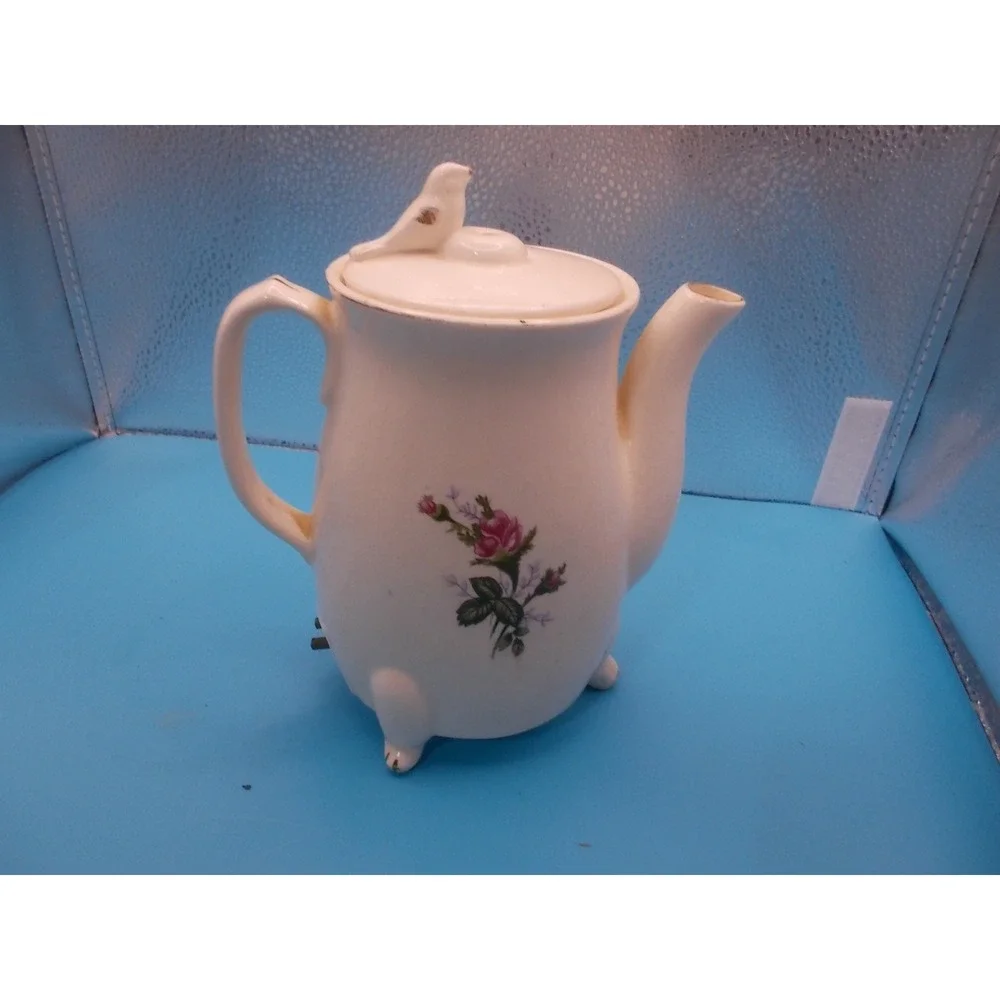 Vintage Nasco Electric Ceramic Teapot Floral Bird Finial Footed Tea Kettle